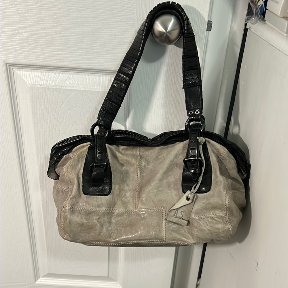 A.S.98 Black and Grey Shoulder Bag with Distressed Leather